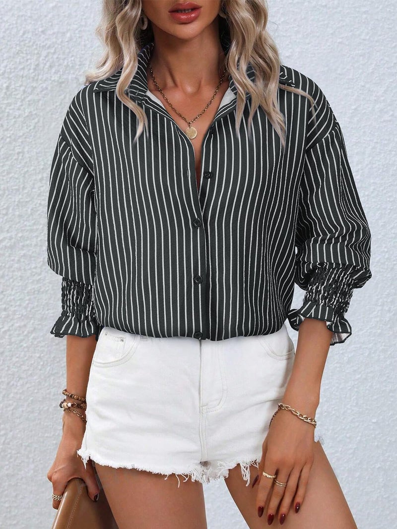 Gleeivy Puff Long Sleeve Button Down Striped Shirt Oversized Boyfriend Tunic Casual V Neck Collar High Low Hem Dressy Business Fashion Clothes Office Fashion Spring Work Outfits Black Striped X-Large - Image 2