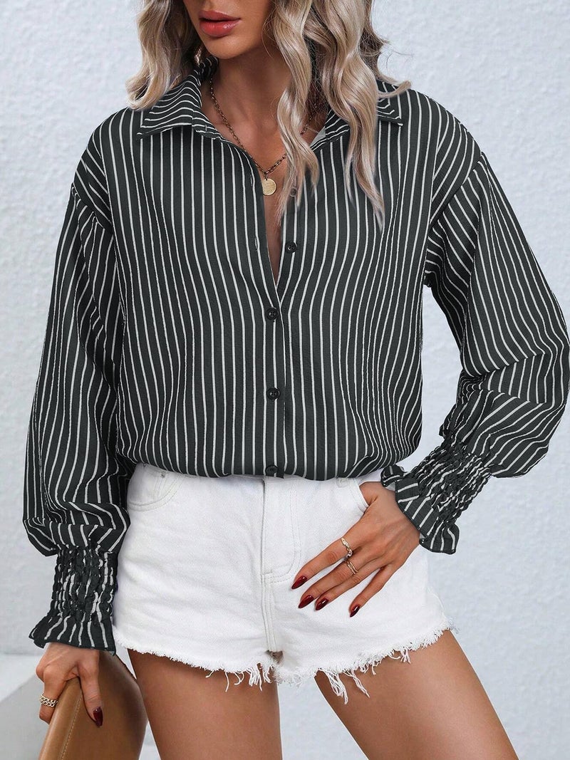 Gleeivy Puff Long Sleeve Button Down Striped Shirt Oversized Boyfriend Tunic Casual V Neck Collar High Low Hem Dressy Business Fashion Clothes Office Fashion Spring Work Outfits Black Striped X-Large - Image 3