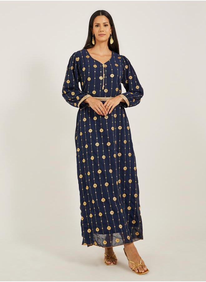 Maxim Creation Embroidered V-Neck A-Line Kaftan with Belt by Styli  - Image 2