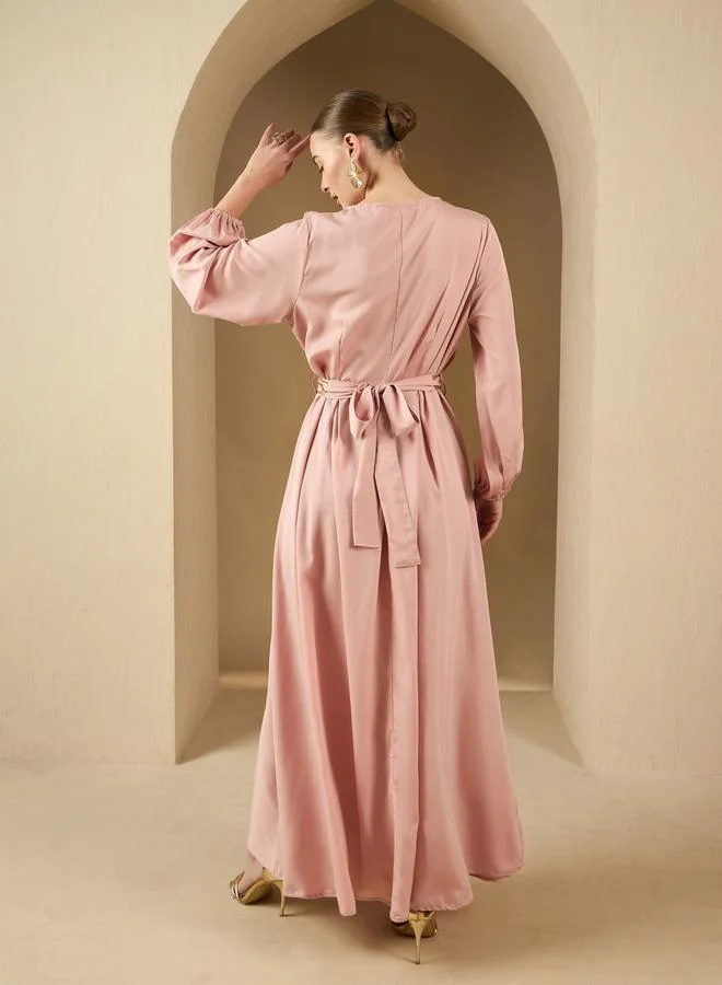 Styli Embellished Balloon Sleeve V-Neck Belted Kaftan