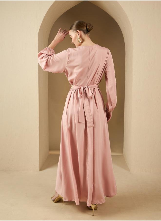 Styli Embellished Balloon Sleeve V-Neck Belted Kaftan  - Image 5