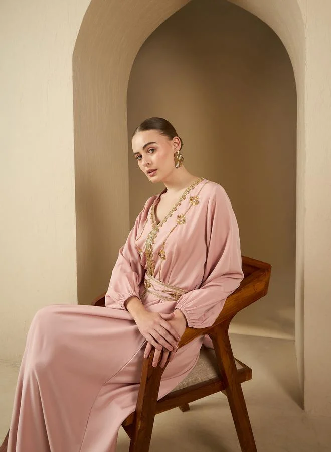 Styli Embellished Balloon Sleeve V-Neck Belted Kaftan
