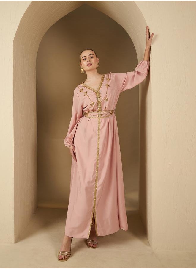 Styli Embellished Balloon Sleeve V-Neck Belted Kaftan  - Image 1