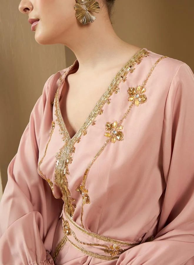 Styli Embellished Balloon Sleeve V-Neck Belted Kaftan