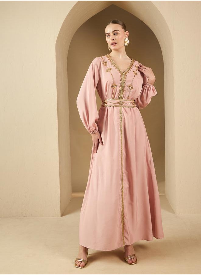 Styli Embellished Balloon Sleeve V-Neck Belted Kaftan  - Image 2