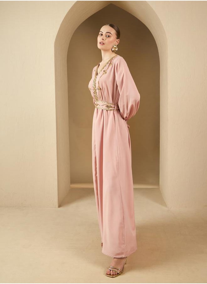 Styli Embellished Balloon Sleeve V-Neck Belted Kaftan  - Image 3