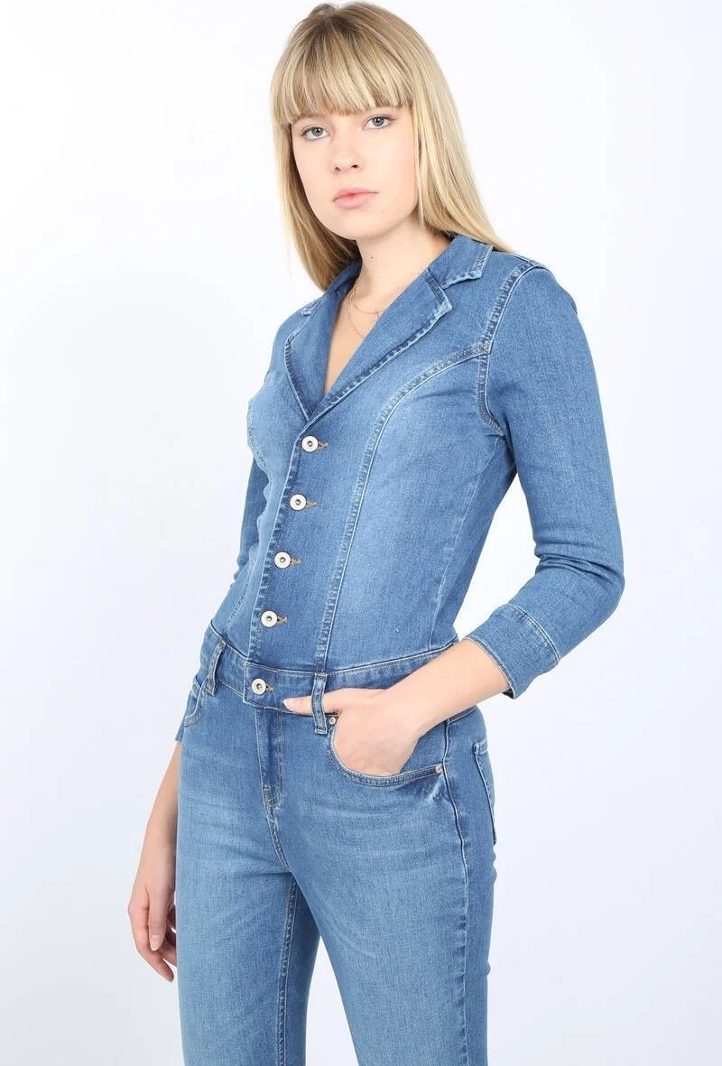 Banny Jeans Women Light Blue Jacket Lapel Jean Overalls Trousers