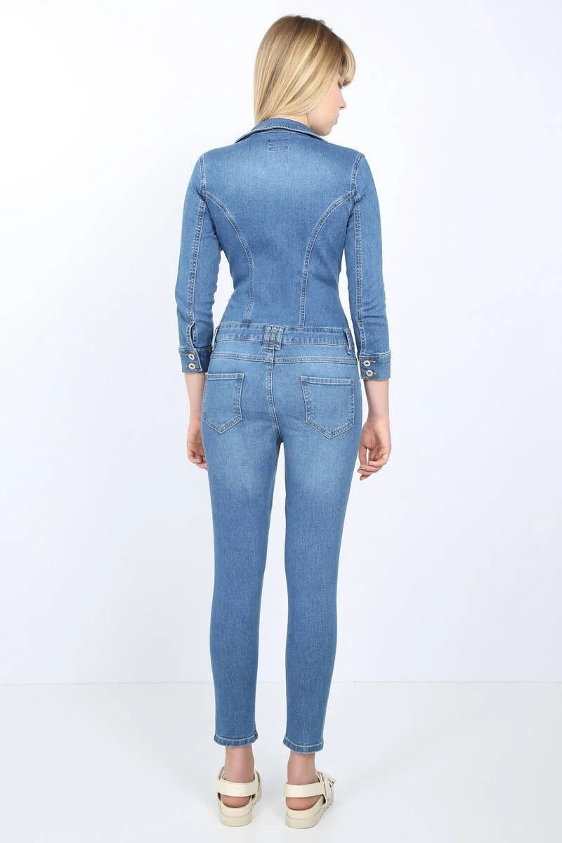 Banny Jeans Women Light Blue Jacket Lapel Jean Overalls Trousers