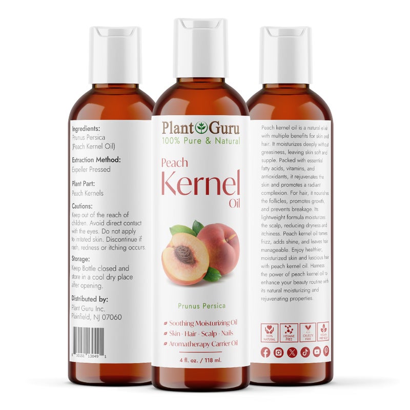 Plant Guru Peach Kernel Oil 4 fl. oz. Cold Pressed 100% Pure & Natural Carrier â€“ Ideal for Skin, Face, Body, and Hair Moisturizer. Great for DIY Creams, Lotions, and Lip Balms. - Image 1