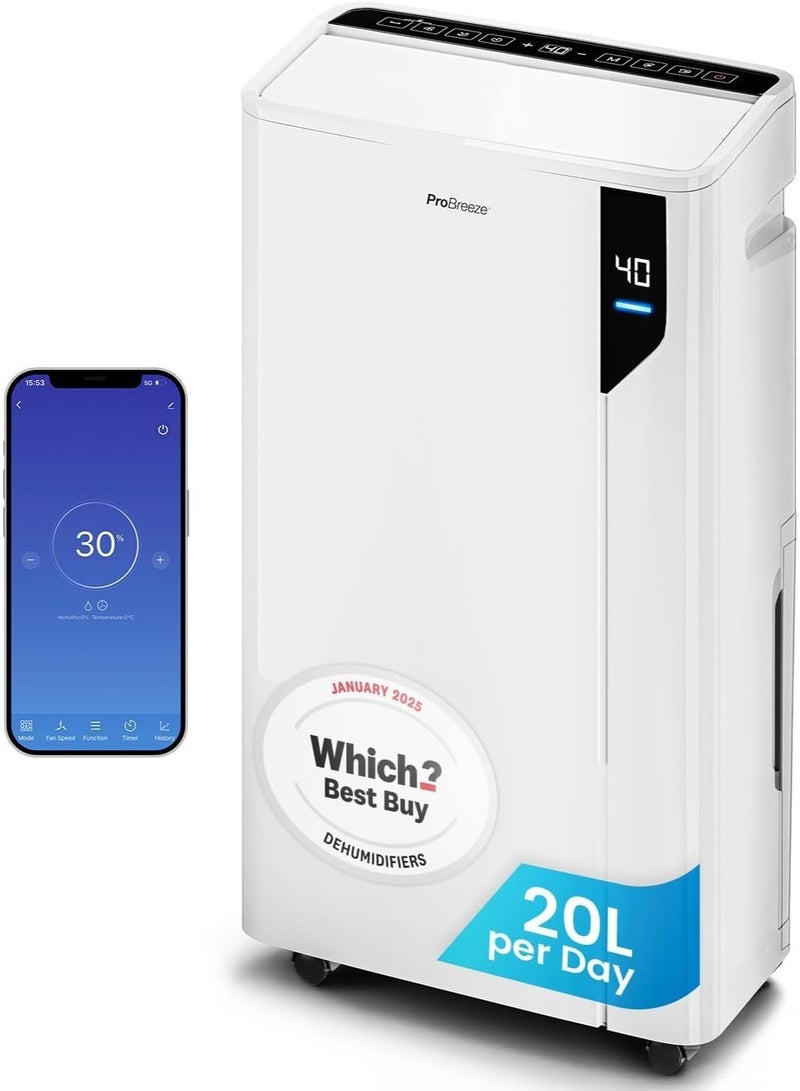 Pro Breeze® 20L/Day Compressor Dehumidifier - Energy Efficient with Laundry Mode & Wi-Fi, Humidity Sensor & Indicator, Carbon Air Filter for Mould, Damp & Moisture - for Home, Office & Bedroom - Image 1