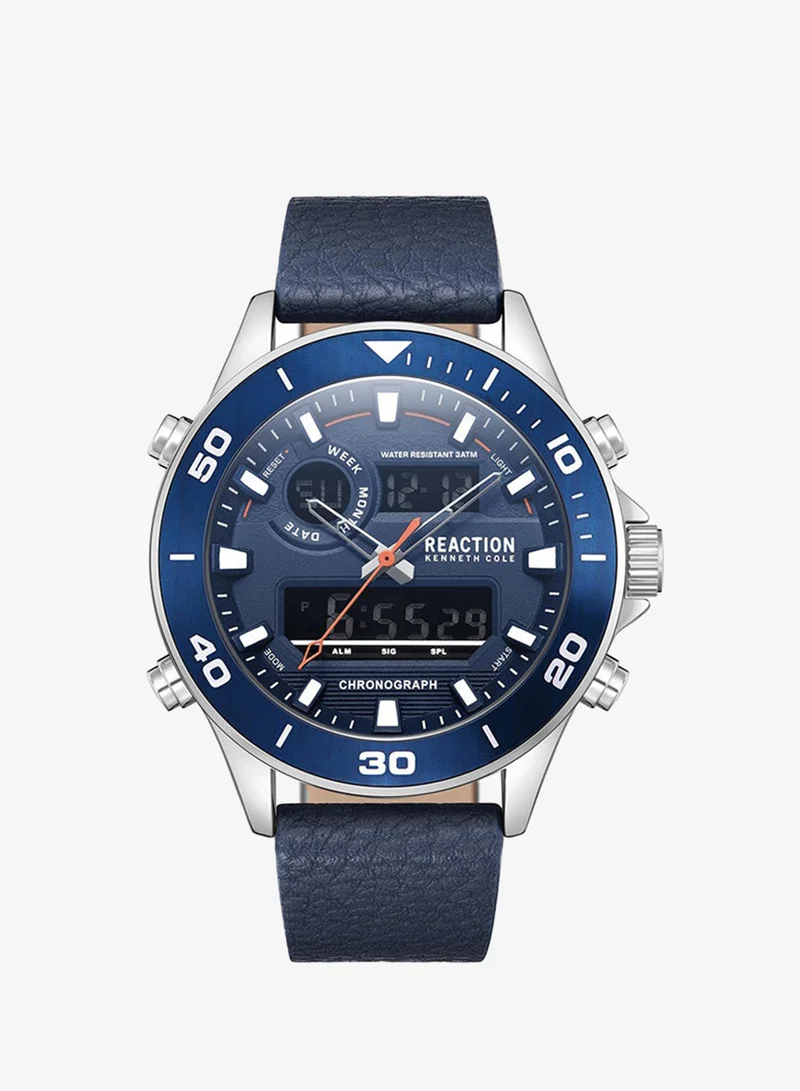 Kenneth Cole Reaction Analogue - Digital Gents Watch With Blue Synthetic Leather Strap 46mm - KRWGD9006602