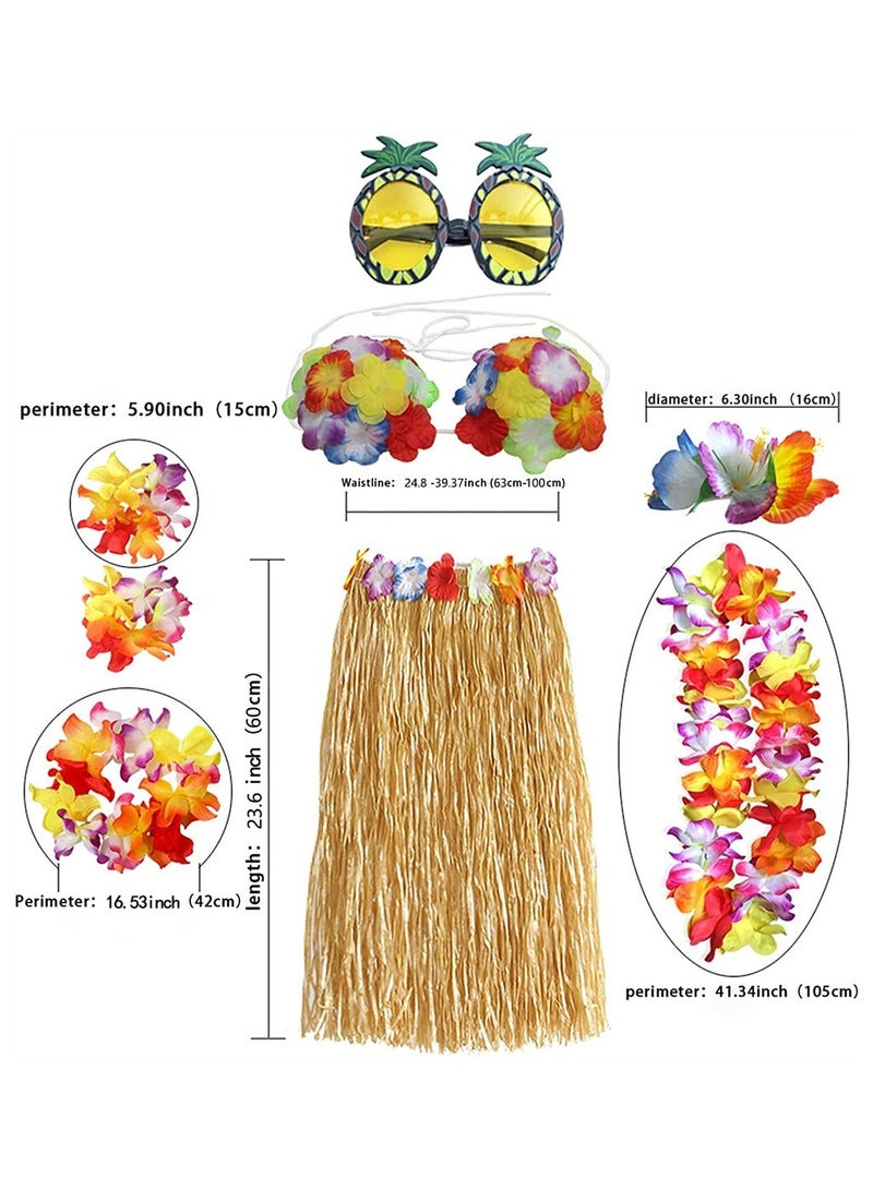 8 Pieces Hula Skirt Costume Kit, Hawaiian Leis Grass Skirt with Flowers Bikini Top Bracelets Necklace Hair Clip Pineapple Sunglasses for Hula Costume and Beach Party, Masquerade - Image 3
