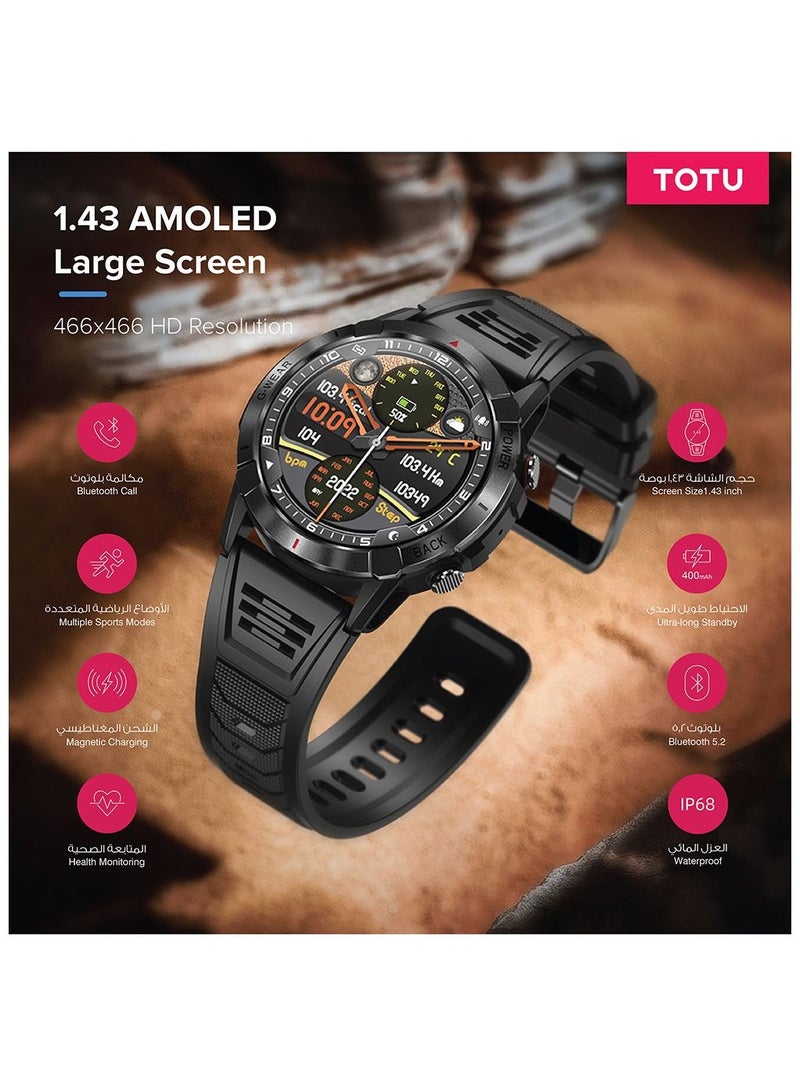 Totu Smart Watch 1.43-inch full touch screen with 400 mAh battery capacity BT Call Fitness Tracker IP68 Waterproof Black - Image 4