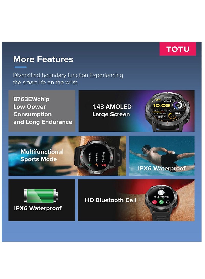 Totu Smart Watch 1.43-inch full touch screen with 400 mAh battery capacity BT Call Fitness Tracker IP68 Waterproof Black - Image 3