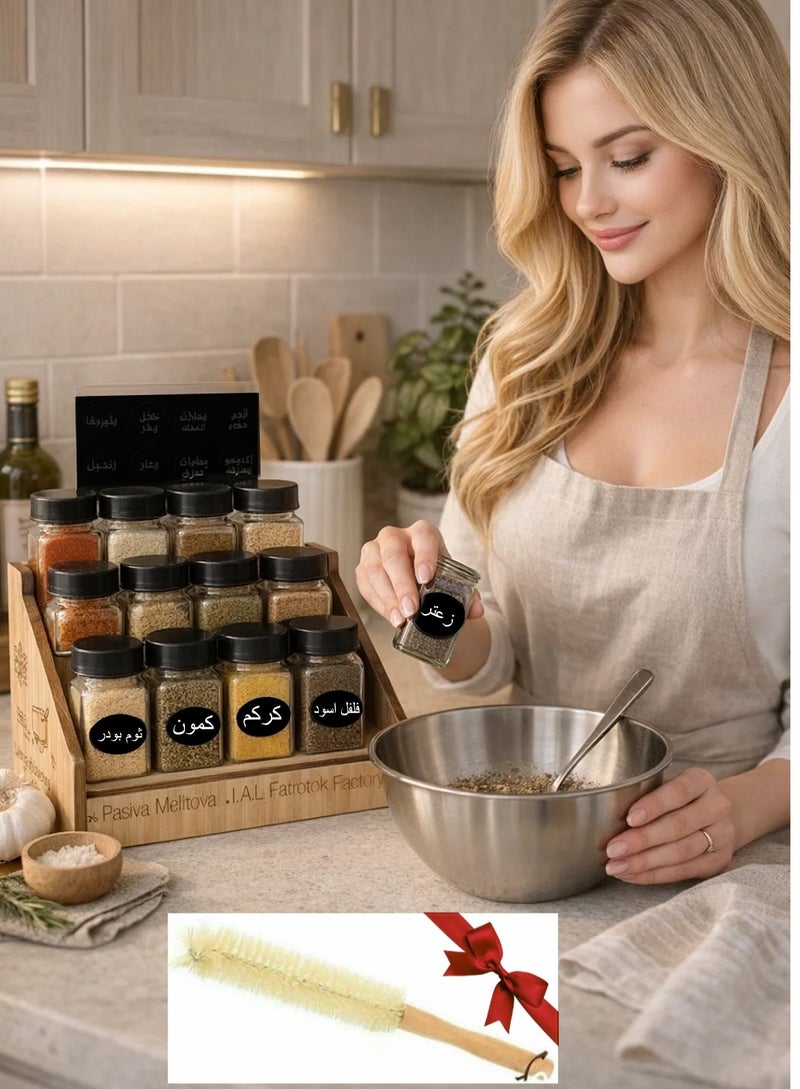 Spice A set of glass spice jars with labels and plastic lids, with a special stand for arranging and preserving the jars, 120 ml, 12 jars + a brush for cleaning the jars - Image 1