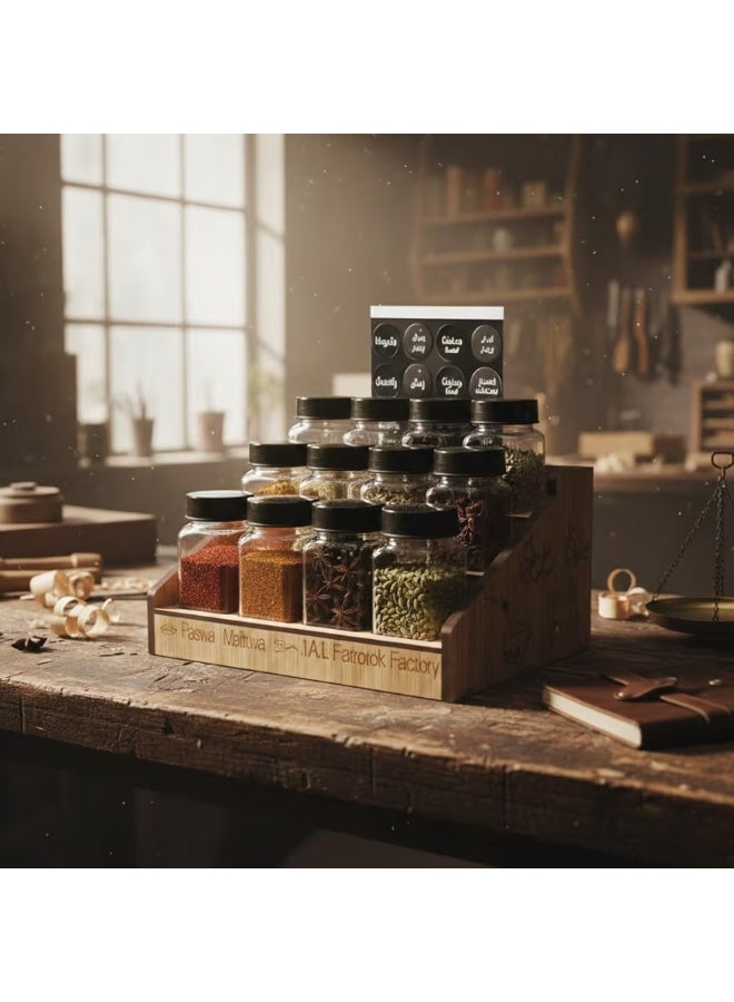 Spice A set of glass spice jars with labels and plastic lids, with a special stand for arranging and preserving the jars, 120 ml, 12 jars + a brush for cleaning the jars - Image 2