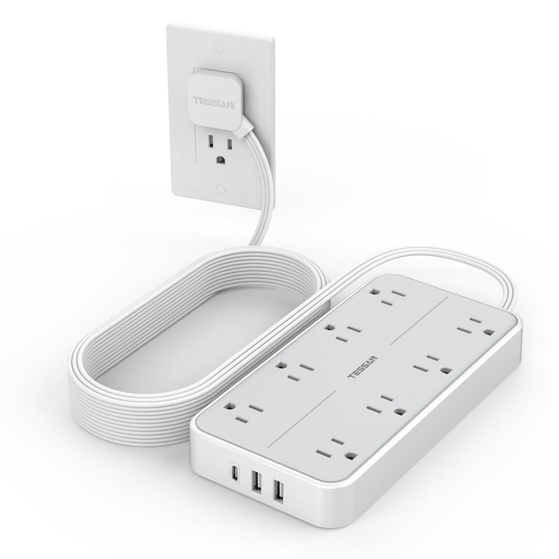TESSAN Flat Plug 15 FT Extension Cord, TESSAN Surge Protector Power Strip with 8 AC and 3 USB(1USB-C) Ports, 1080J Protection, Wall Mount Widely Spaced Charging Station for Home, Office, School, Dorm Room - Image 1
