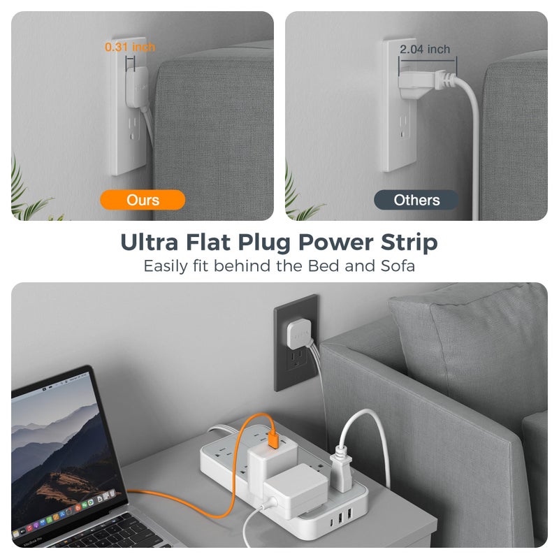 TESSAN Flat Plug 15 FT Extension Cord, TESSAN Surge Protector Power Strip with 8 AC and 3 USB(1USB-C) Ports, 1080J Protection, Wall Mount Widely Spaced Charging Station for Home, Office, School, Dorm Room - Image 4