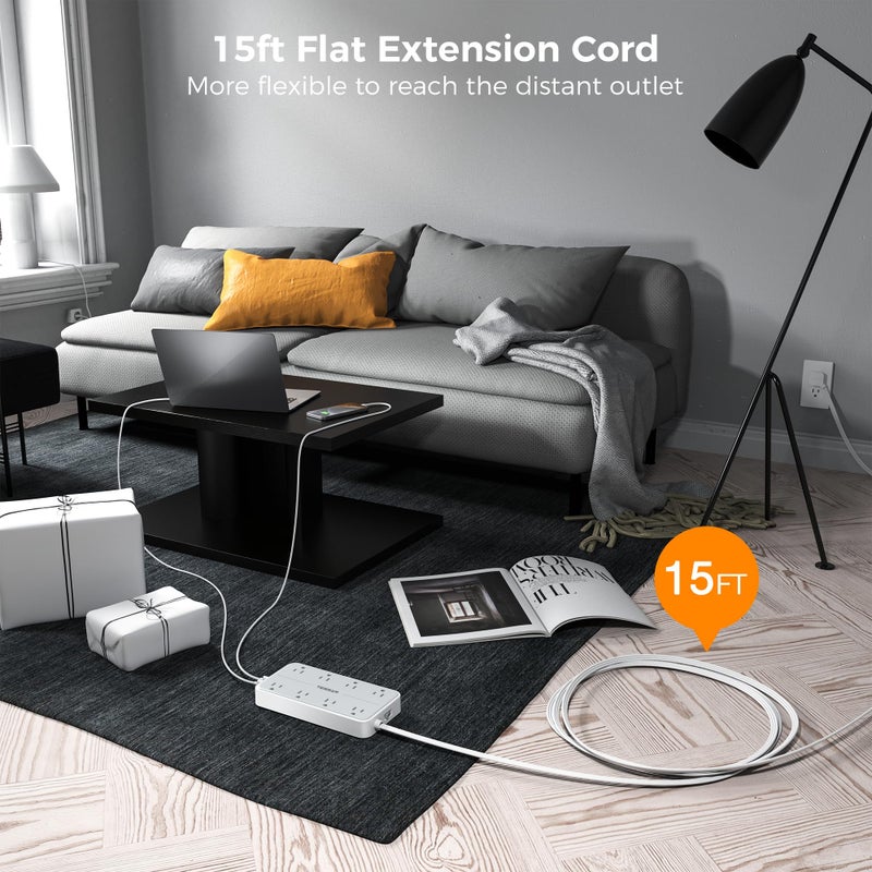 TESSAN Flat Plug 15 FT Extension Cord, TESSAN Surge Protector Power Strip with 8 AC and 3 USB(1USB-C) Ports, 1080J Protection, Wall Mount Widely Spaced Charging Station for Home, Office, School, Dorm Room - Image 2