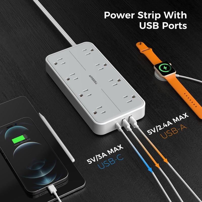 TESSAN Flat Plug 15 FT Extension Cord, TESSAN Surge Protector Power Strip with 8 AC and 3 USB(1USB-C) Ports, 1080J Protection, Wall Mount Widely Spaced Charging Station for Home, Office, School, Dorm Room - Image 5
