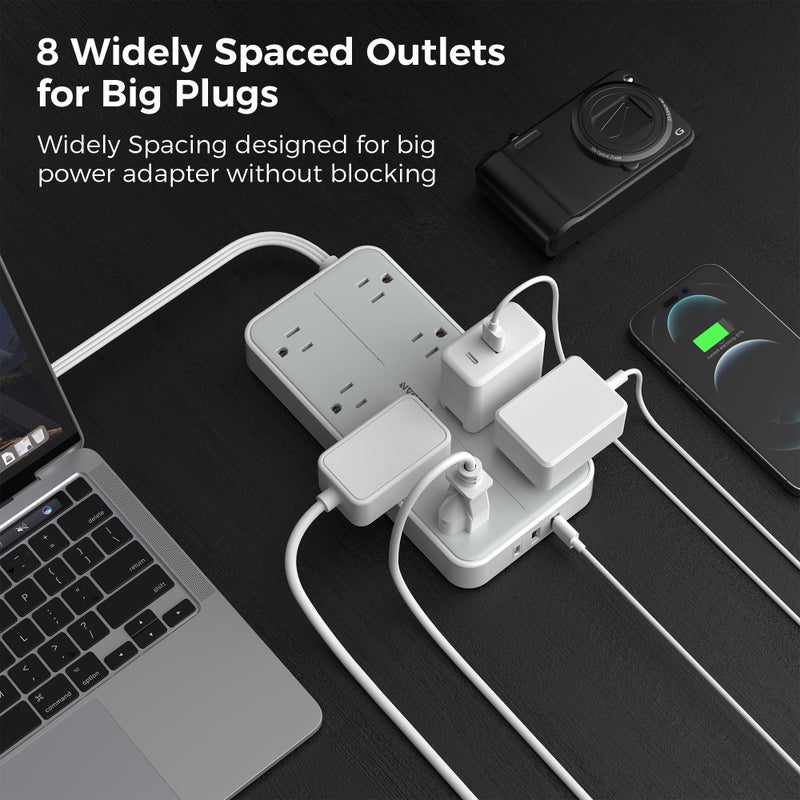 TESSAN Flat Plug 15 FT Extension Cord, TESSAN Surge Protector Power Strip with 8 AC and 3 USB(1USB-C) Ports, 1080J Protection, Wall Mount Widely Spaced Charging Station for Home, Office, School, Dorm Room - Image 3