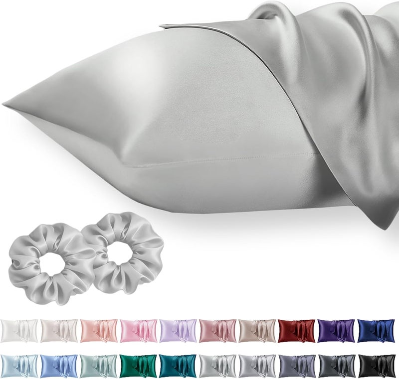 Vielit Queen Satin Pillowcase for Hair 2pc,Similar to Silk Pillow Cases,Easier Care Than Silk Pillowcase,Gifts for Women Men,Silver Grey,20x30 & Envelope Closure and 2 Satin Scrunchies - Image 1