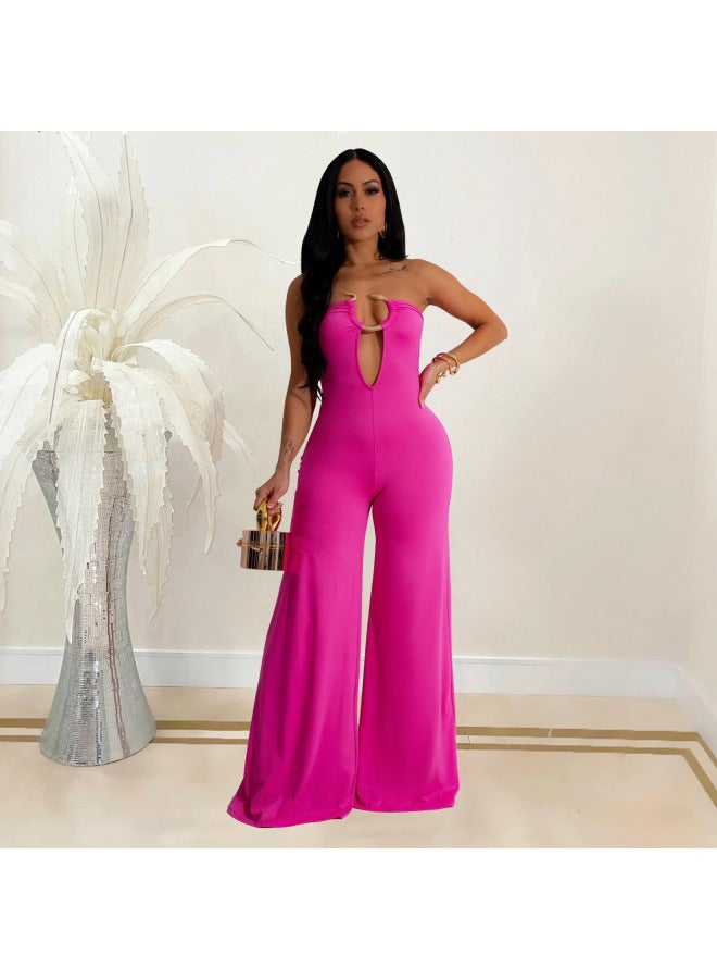Hot Women's Fashion Solid Color Deep V-neck Waist Slimming Wide Leg Trousers For Women