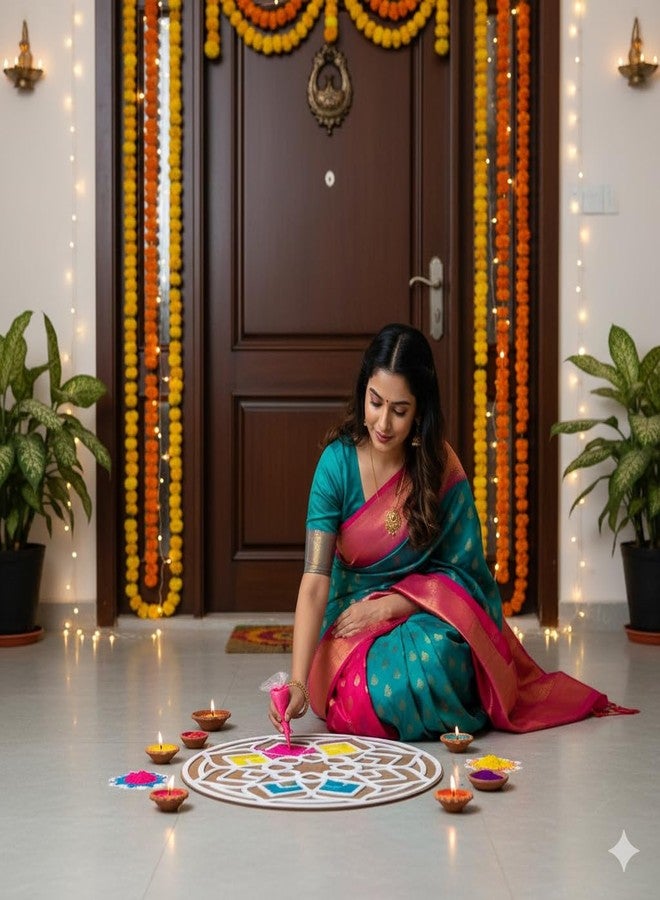 ارتيسينيا زينة رانجولي ديوالي خشبية من ARTISENIA بتصميم زهور، مصنوعة من خشب MDF على شكل لاكشمي شاران بادوكا | قالب رانجولي دائري سهل الاستخدام مقاس 11 بوصة مع زخارف ديا | زينة رانجولي ديوالي تقليدية (التصميم 1) - Image 3