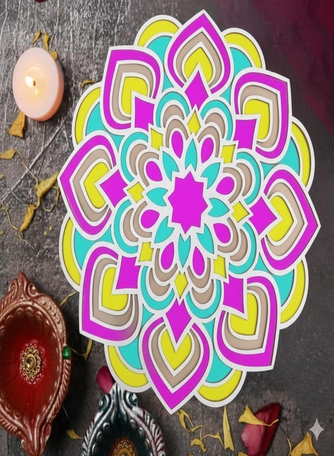 ارتيسينيا زينة رانجولي ديوالي خشبية من ARTISENIA بتصميم زهور، مصنوعة من خشب MDF على شكل لاكشمي شاران بادوكا | قالب رانجولي دائري سهل الاستخدام مقاس 11 بوصة مع زخارف ديا | زينة رانجولي ديوالي تقليدية (التصميم 1) - Image 1