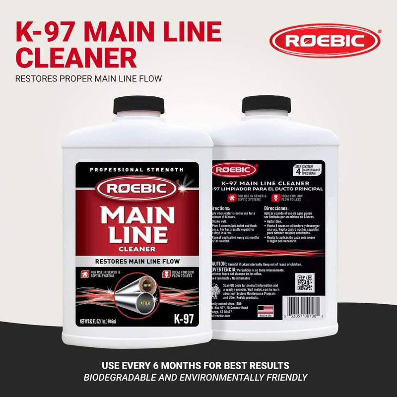 Roebic K-97 Liquid Main Line Cleaner with Bacteria Enzymes, Eliminates Organic Buildup in Sewer/Septic System and Protects from Clogs, Safe for Bathroom Toilet, 32 fl oz - Image 2