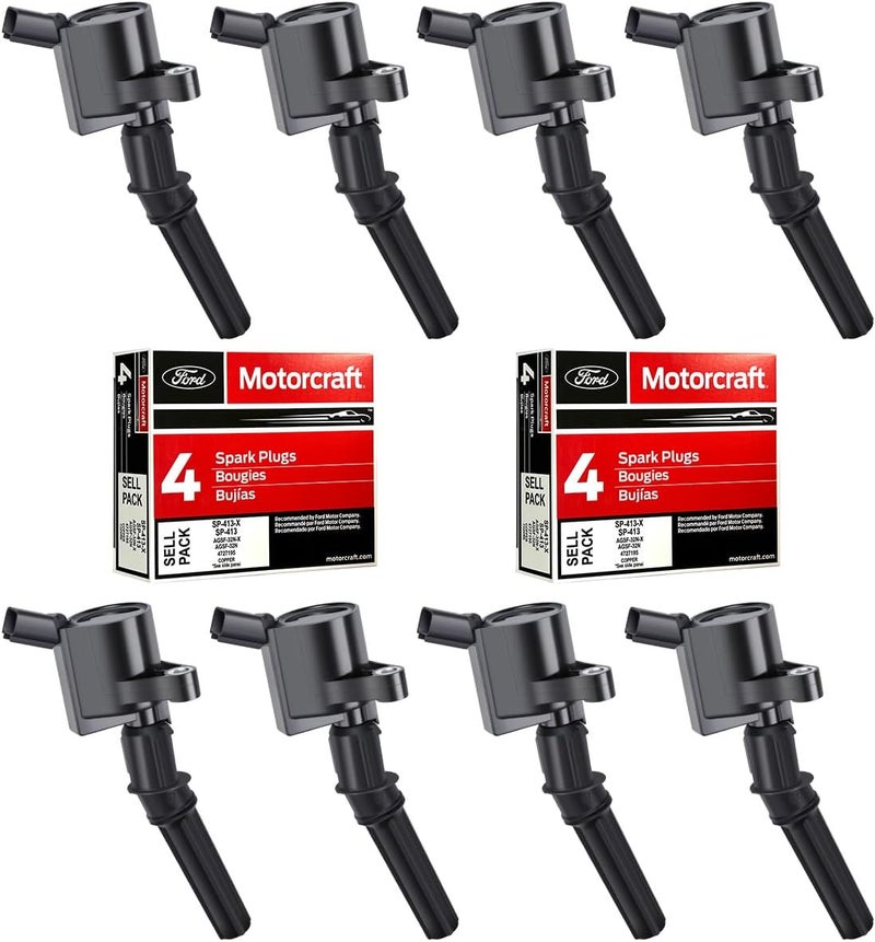 MAS Ignition Coils DG508 and Motorcraft Spark Plugs SP413 Compatible with Ford F-150 Mustang V8 4.6L - Pack of 8 - Image 1