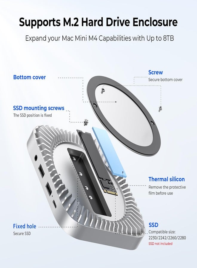 جيسمو قاعدة توصيل ماك ميني M4 بسرعة 40 جيجابت في الثانية، موزع ألومنيوم M4/2024 وحامل مع غلاف NVMe/M.2 SSD لجميع أجهزة M4/M4Pro الجديدة، منفذي USB A، منفذ USB-C، حامل صوت 3.5 بوصة - Image 4