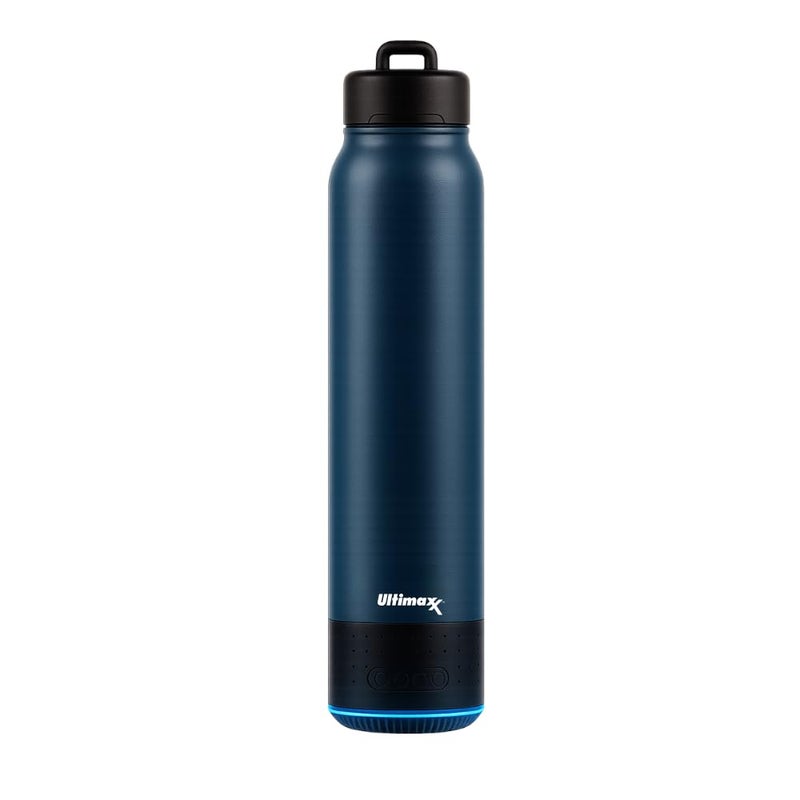 Ultimaxx Vacuum Insulated Premium Water Bottle with Bluetooth Speaker Steel Double Wall Design Lights Lid Lock Convenient Drinking Spout Carry Handle 700ml236 oz Blue