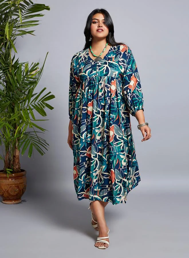 جلو باص فستان ميدي بمقاس كبير مطبع بالكامل