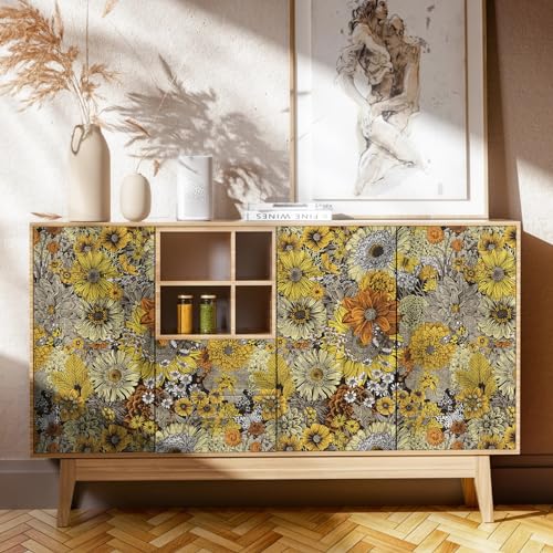 WENMER Daisy Peel and Stick Wallpaper, Boho Floral Yellow Orange Contact Paper for Cabinets, Vintage Sunflower/Bee/Butterfly Self Adhesive for Farmhouse 17.7" X 118" - Image 3