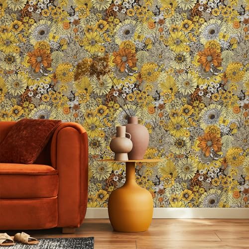 WENMER Daisy Peel and Stick Wallpaper, Boho Floral Yellow Orange Contact Paper for Cabinets, Vintage Sunflower/Bee/Butterfly Self Adhesive for Farmhouse 17.7" X 118" - Image 5