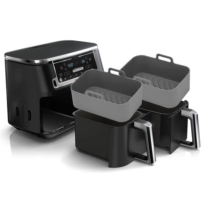 2PCS AIR FRYER SILICONE LINERS RECTANGULAR FOR NINJA FOODI DUAL DZ201 8QTDZ090 6QTNINJA DOUBLESTACK SL201 8QT REUSABLE AIRFRYER POT BAKING BASKET NONSTICK EASY CLEANING FOOD SAFE GRAY