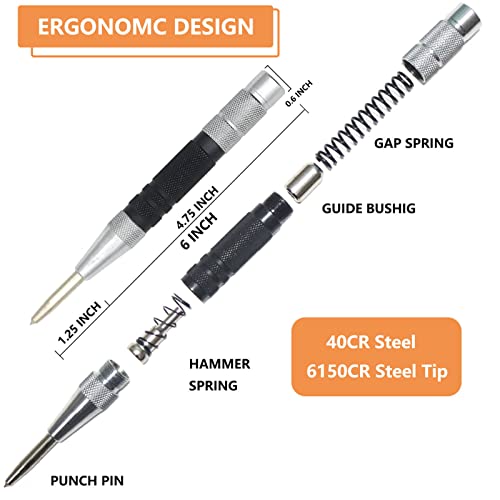 WHLLING 2-Piece Automatic Center Punch, 6 Inch Hardened Steel Spring Loaded Center Hole Punch with Adjustable Knurled Cap for Machinists and Carpenters - Image 3