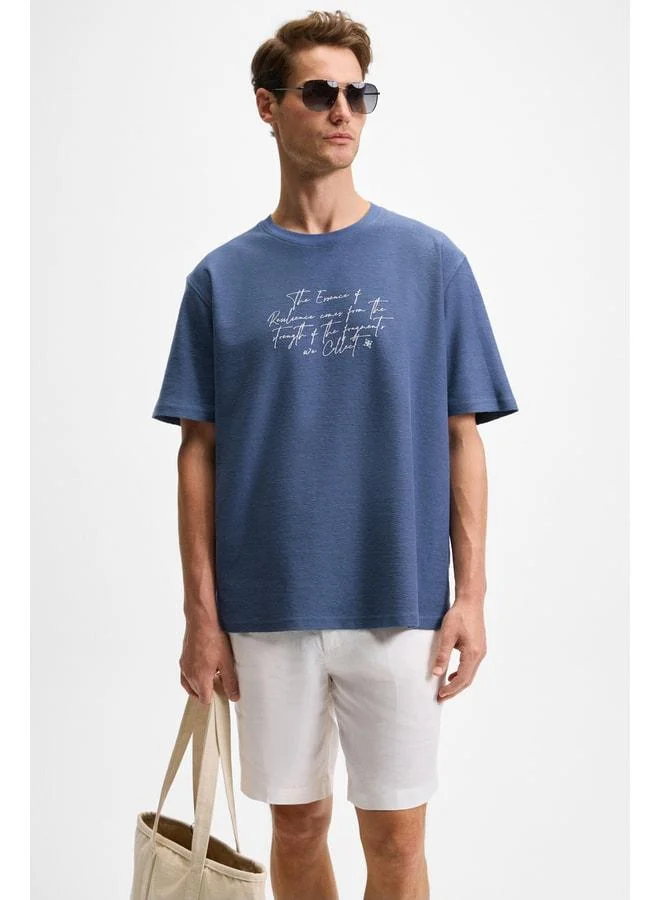 GRIMELANGE BONDIA Men's Printed Detailed 100% Organic Cotton Oversized Fit Bike-Collar Short Sleeve Indigo T-Shirt.