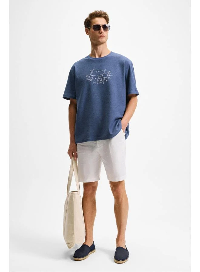 GRIMELANGE BONDIA Men's Printed Detailed 100% Organic Cotton Oversized Fit Bike-Collar Short Sleeve Indigo T-Shirt.