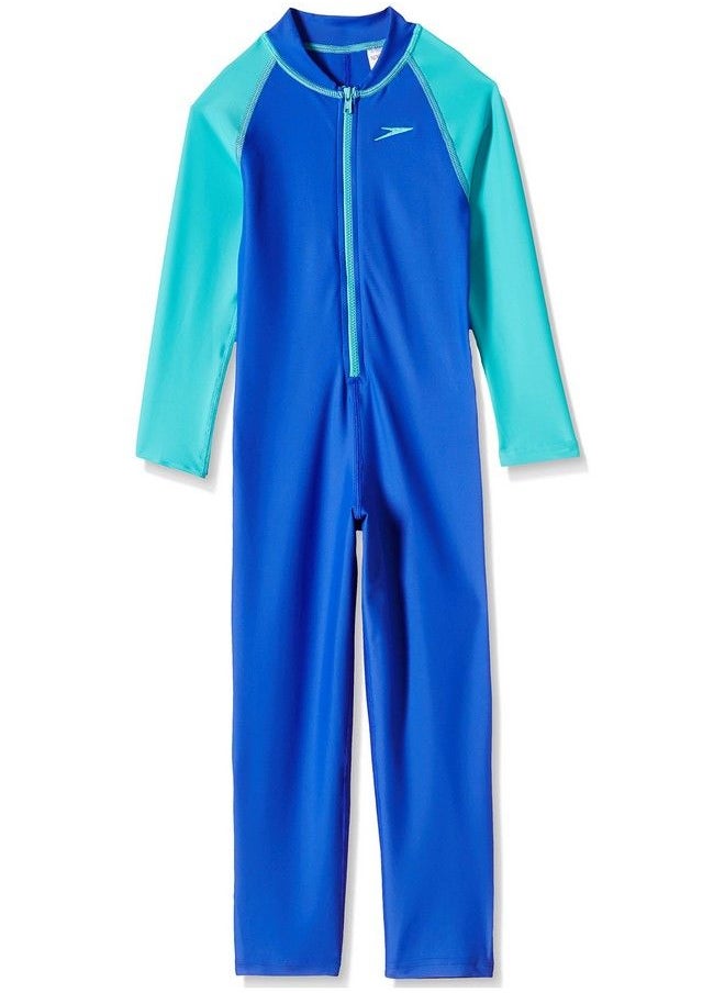 speedo Boy'S Swimwear Color Block All In 1 Suit (804886A746_Deep Peri And Bali Blue_04Y)  - Image 2