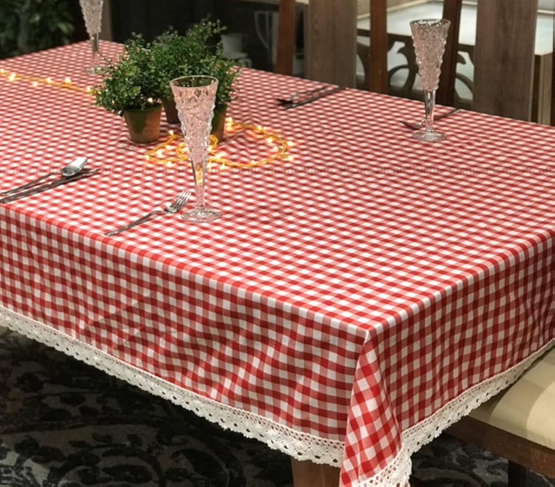 Red * White Plaid Tablecloth with Lace Border Size 300 * 160 cm