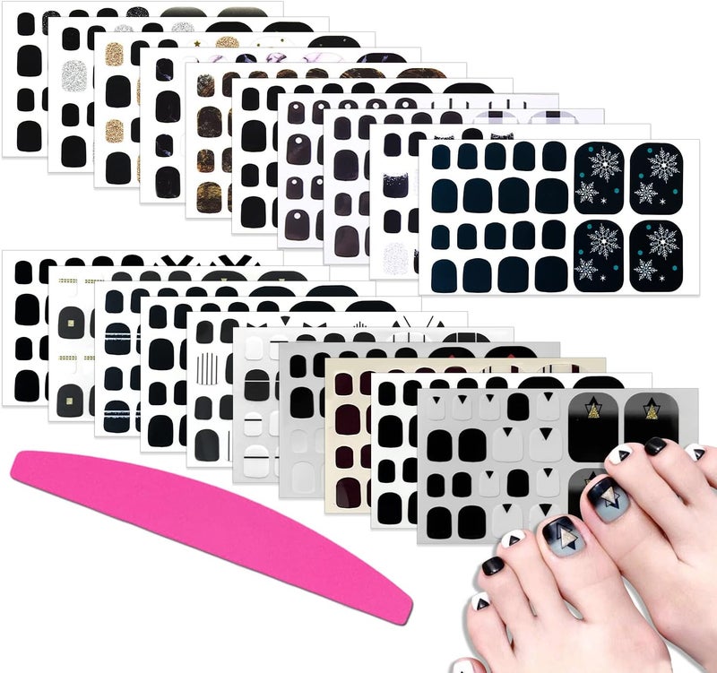 SILPECWEE Toe Nail Polish Strips Black Full Nail Wraps for Women Self Adhesive Nail Polish Stickers Gel Nail Strips Toenails Decoration with 1pc Nail File (20 Sheets)