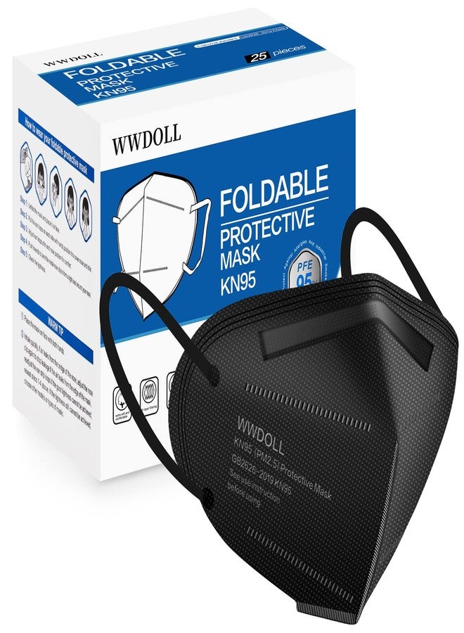 WWDOLL كمامات WWDOLL KN95، عبوة من 25 كمامة، حماية من 5 طبقات، كمامات KN95 سوداء قابلة للتنفس - Image 1