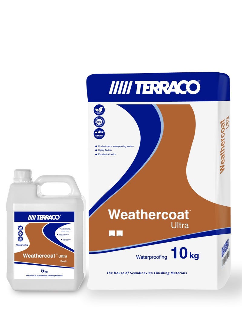 TERRACO Weathercoat Ultra Waterproofing System – 2-Component Elastomeric Roof Coating, Grey – Highly Flexible & Durable, Ideal for Concrete & Cementitious Surfaces – 20kg Set