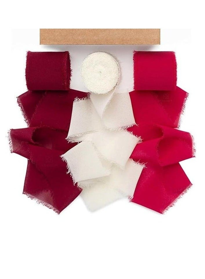 3 لفات شريط حرير شيفون أحمر يدوي الصنع بعرض 1 1/2 بوصة، حواف ممزقة يدويًا بألوان بورجوندي وأبيض لتغليف الهدايا، باقات الزفاف، استحمام الطفل، دعوات الزفاف (4 سم × 5 م) - Image 1