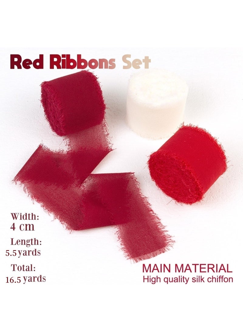 3 لفات شريط حرير شيفون أحمر يدوي الصنع بعرض 1 1/2 بوصة، حواف ممزقة يدويًا بألوان بورجوندي وأبيض لتغليف الهدايا، باقات الزفاف، استحمام الطفل، دعوات الزفاف (4 سم × 5 م) - Image 2