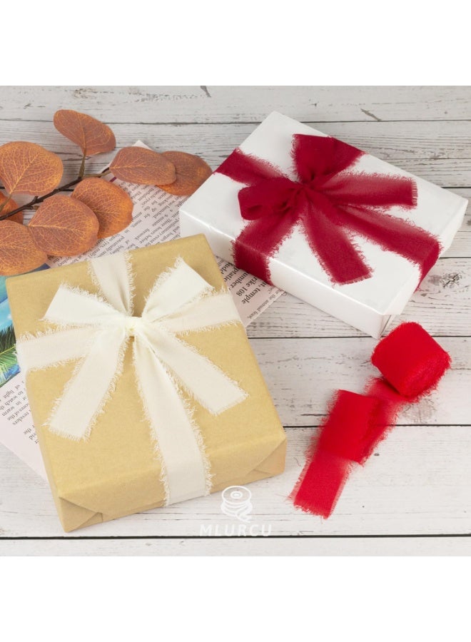 3 لفات شريط حرير شيفون أحمر يدوي الصنع بعرض 1 1/2 بوصة، حواف ممزقة يدويًا بألوان بورجوندي وأبيض لتغليف الهدايا، باقات الزفاف، استحمام الطفل، دعوات الزفاف (4 سم × 5 م) - Image 4