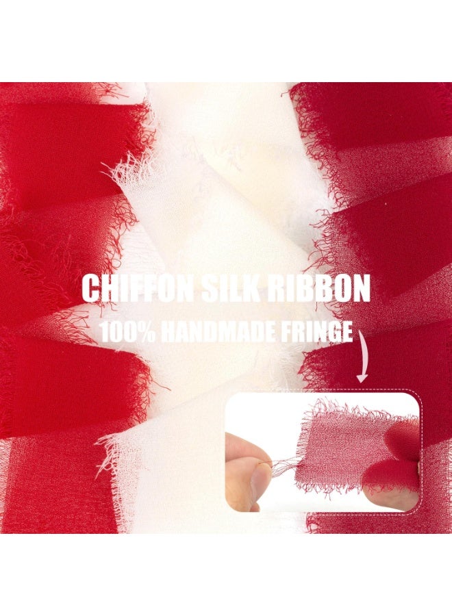 3 لفات شريط حرير شيفون أحمر يدوي الصنع بعرض 1 1/2 بوصة، حواف ممزقة يدويًا بألوان بورجوندي وأبيض لتغليف الهدايا، باقات الزفاف، استحمام الطفل، دعوات الزفاف (4 سم × 5 م) - Image 3