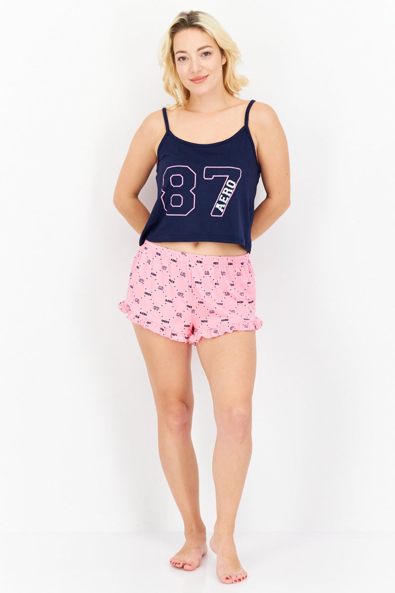 Aeropostale طقم نسائي مكون من 2 قطعة طباعة جرافيكية علوي وسروال قصير، أزرق Navy/وردي - Image 3